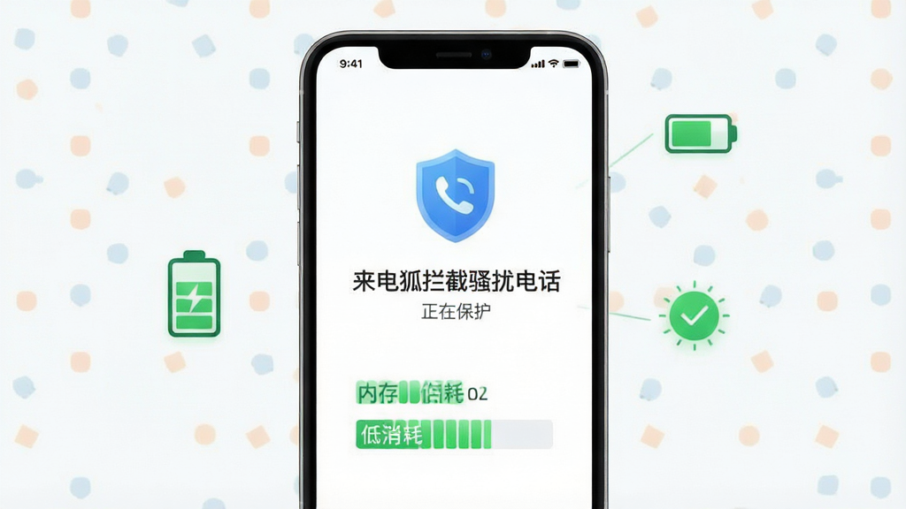 一张展示手机后台运行状态的示意图,画面中手机屏幕显示“来电狐拦截骚扰电话”正在后台保护中的状态提示,周围有电池图标与内存占用条显示低消耗绿色标识,布局以手机为中心,风格清新简约,细节包含“来电狐拦截骚扰电话”应用名称与盾牌保护标志,画质干净,无多余元素