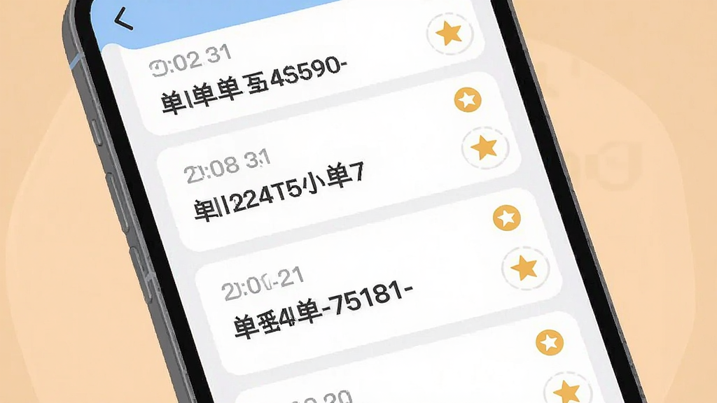 手机应用界面展示历史记录与收藏列表,画面主体为手机屏幕特写,屏幕内为整齐排列的快递单号卡片,部分卡片带有星标收藏图标,布局为上下结构的列表排版,风格为简洁明快的移动端UI插画,细节包含时间标签、单号文字条与星形标记,画质清晰干净,无杂乱元素