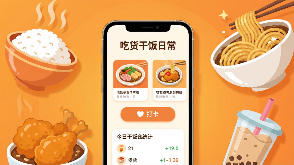 画面中央摆放一部智能手机,手机屏幕显示“吃货干饭日常”应用主界面,界面中有美食卡片、打卡按钮与今日干饭统计;手机周围环绕热气腾腾的米饭、面条、炸鸡与奶茶等食物插画,背景为暖橙色渐变,布局采用居中构图,风格为扁平卡通风,细节包括食物高光与阴影、界面按钮圆角处理,画质清晰干净,无多余元素