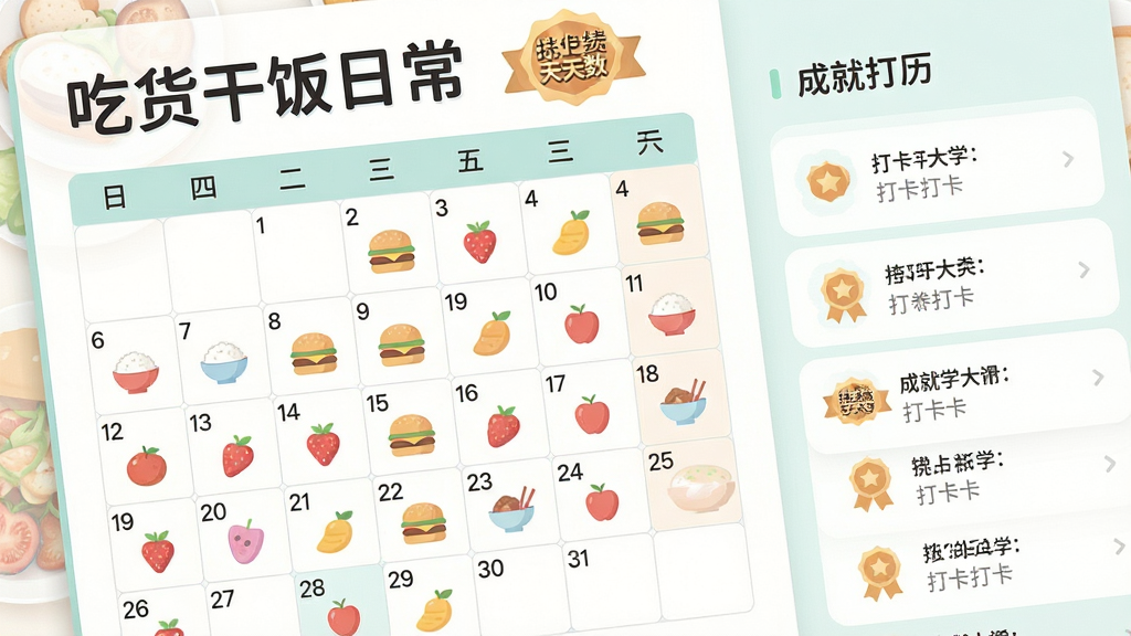 画面主体为“吃货干饭日常”打卡日历界面特写,日历格子上分布着米饭、汉堡、水果等小图标,旁边有连续打卡天数徽章;布局为左侧日历右侧成就列表,风格为清新浅色扁平风,细节包括日期数字清晰、图标色彩柔和、背景有淡淡食物纹理,画质干净明亮,无多余元素