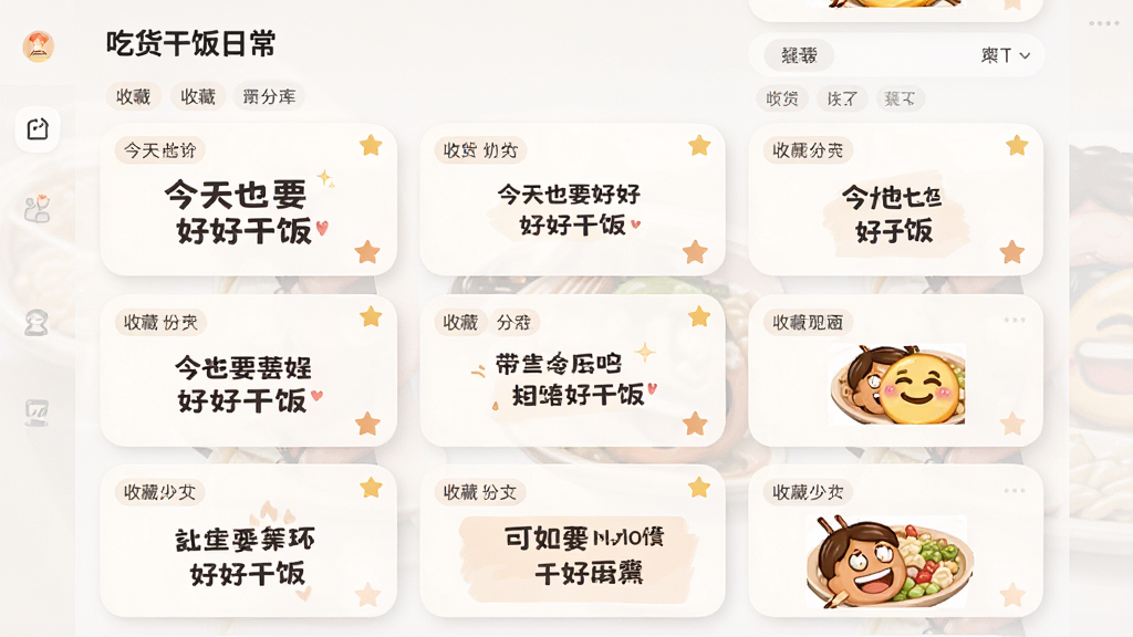 画面展示“吃货干饭日常”文案素材库界面,屏幕中排列多张文案卡片与表情包缩略图,卡片上有“今天也要好好干饭”等文字;布局为网格状列表,风格为柔和圆角卡通风,细节包括卡片阴影、分类标签、收藏星标,画质清晰干净,无多余元素