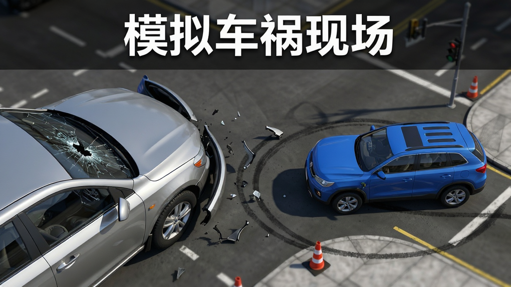 ����Ϊһ����ɫ�γ���һ����ɫSUV��ʮ��·�ڷ���������ײ��˲�䣬���ֲ���б45�ȸ����ӽǣ��������Ϊ��ײ����д���Ҳ�Ϊ������·�������Ű����������ơ�ģ�⳵���ֳ����԰�ɫ���������ڻ��涥�����У����Ϊдʵ3D��Ⱦ��ϸ�ڰ������ѵĵ��粣����ɢ��ı��ո���Ƭ������ɲ���ۼ��뾯ʾ׶Ͱ�����ʸ��塢������Ȼ���ɾ��޶���Ԫ��