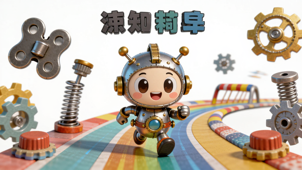主体为一只可爱的发条玩具角色在彩色赛道上奔跑,布局采用中心构图,角色位于画面正中,四周环绕齿轮、弹簧、发条旋钮等机械元素,排版上方留白用于放置游戏名称,风格为3D卡通渲染,细节包括角色身上的金属光泽、赛道上的加速带与障碍物,画质高清,干净明亮,无多余元素