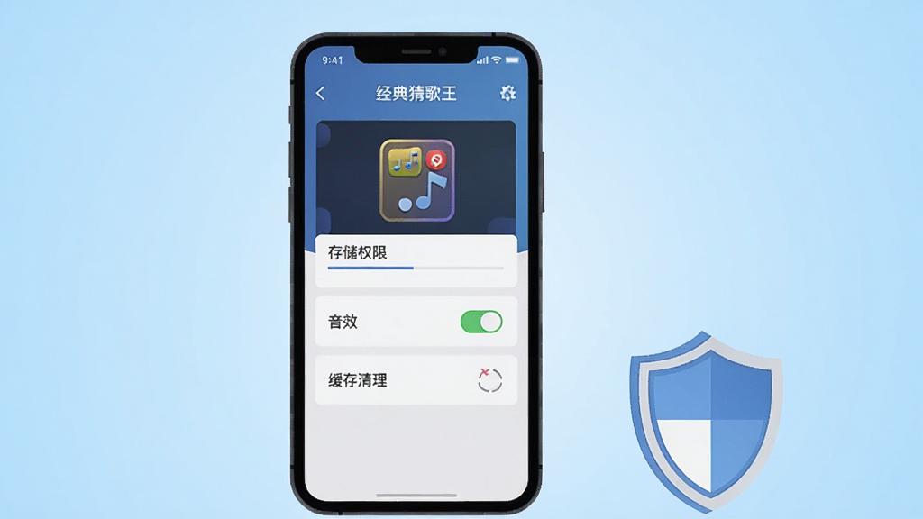 画面主体为一部手机屏幕显示经典猜歌王的设置与权限管理界面,界面上有存储权限、音效开关与缓存清理选项,手机旁放置一个盾牌图标象征安全防护,布局为手机居中、盾牌位于右下角,风格为简洁的科技扁平风,细节上界面元素清晰可辨,背景为浅蓝色渐变,画质高清,画面干净,无多余元素