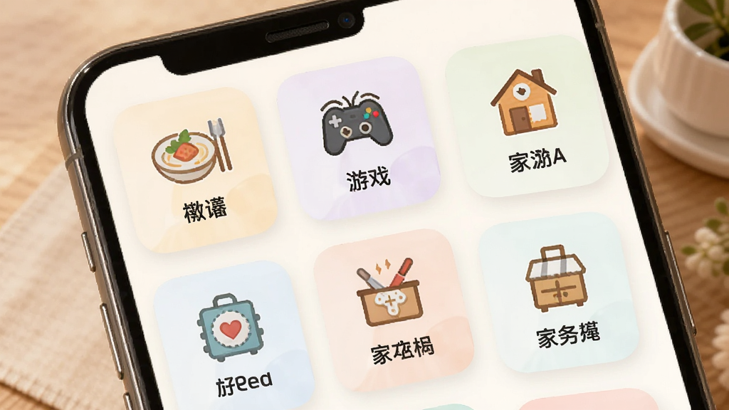 AI转盘帮决定模板选择页面展示,手机屏幕内呈现多个卡片式场景模板,如吃饭、游戏、家务等图标与文字组合,布局为网格排列,风格温馨明快,细节上卡片带有淡色底纹和圆角边框,画质清晰干净无多余元素