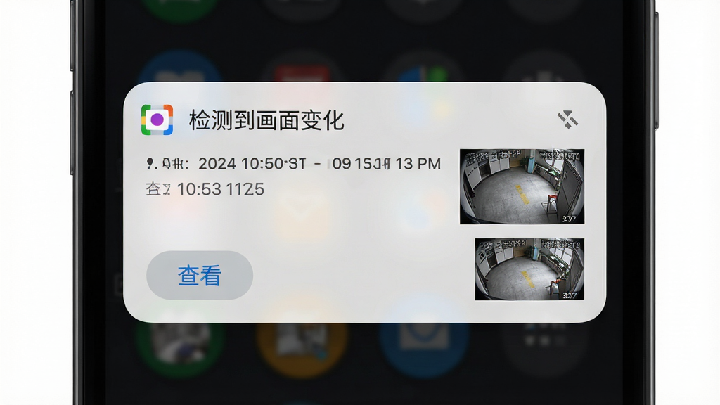 画面主体为手机屏幕弹出通知横幅,横幅内显示“检测到画面变化”文字与缩略监控画面,背景为深色系统界面,布局为居中横幅展示,风格为移动端UI写实风格,细节包含时间戳、查看按钮、监控区域缩略图,画质清晰干净,无多余装饰元素