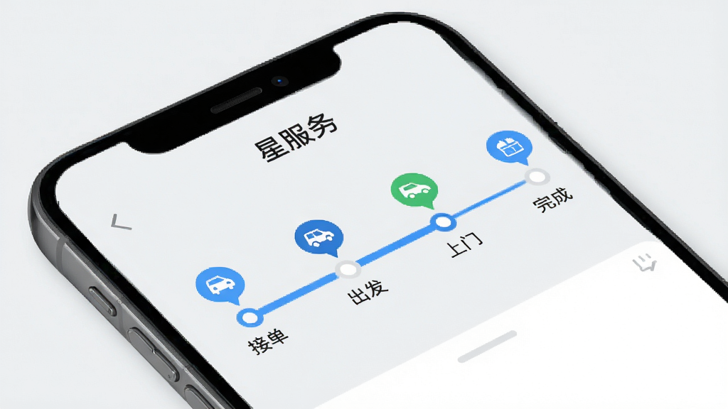 手机屏幕显示“星服务”订单追踪时间轴界面,时间轴上有接单、出发、上门、完成等节点图标,背景为浅灰色,配以蓝色进度线条,风格现代简约,细节清晰,画质干净,无多余元素