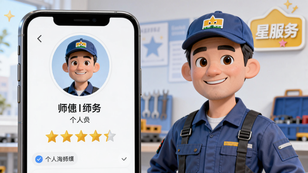 画面中是一位身穿工作服的维修师傅形象,旁边是手机屏幕显示师傅的个人主页与评分星级,背景有“星服务”标识,整体采用写实卡通风格,布局左右分栏,细节丰富,画质干净,无多余元素
