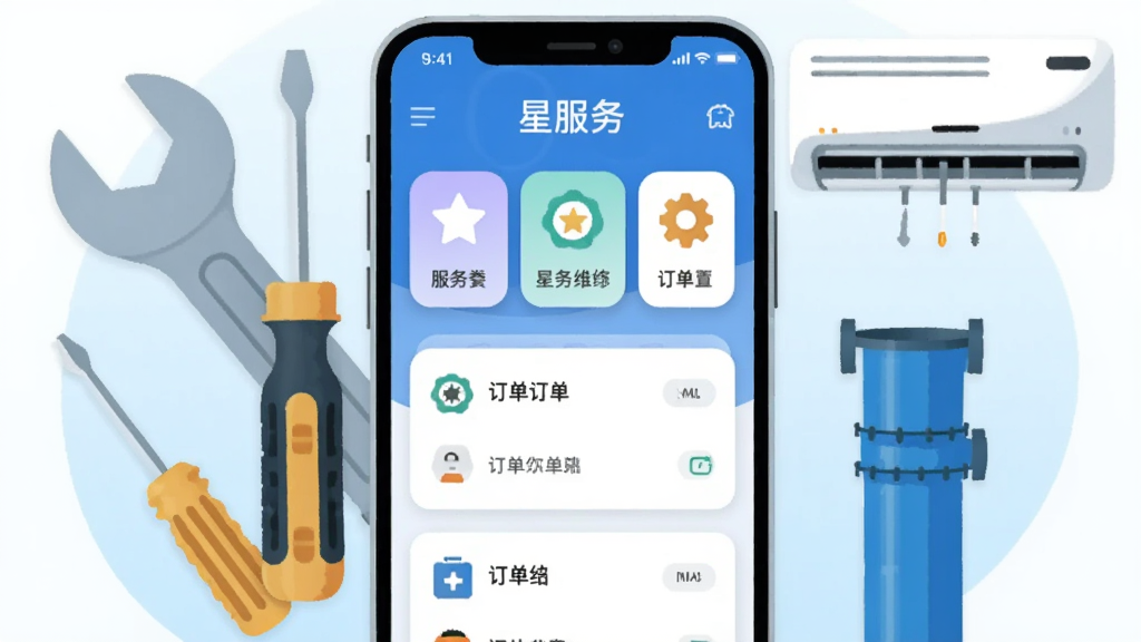 画面中央是一部智能手机,屏幕上显示“星服务”应用主界面,界面中有服务分类图标与订单卡片,手机周围环绕着扳手、螺丝刀、空调、水管等维修工具元素,背景为浅蓝色渐变,整体采用扁平化插画风格,细节清晰,画质干净明亮,无多余元素