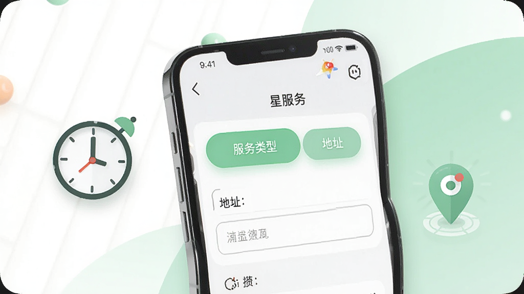 画面展示一部手机屏幕,屏幕上是“星服务”的下单页面,有服务类型选择按钮和地址填写框,手机旁边有一个时钟图标和定位图标,背景为白色与浅绿色搭配,风格简洁清新,细节干净,画质清晰,无多余元素