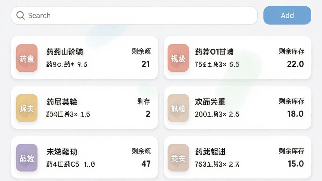 吃药记录药品管理页面截图,屏幕上以卡片列表形式展示多种药品,每张卡片左侧有彩色分类标签,中间为药品名称和剂量信息,右侧显示剩余库存数量,页面顶部有搜索框和添加按钮,界面风格清爽,配色柔和,画质干净,无多余元素