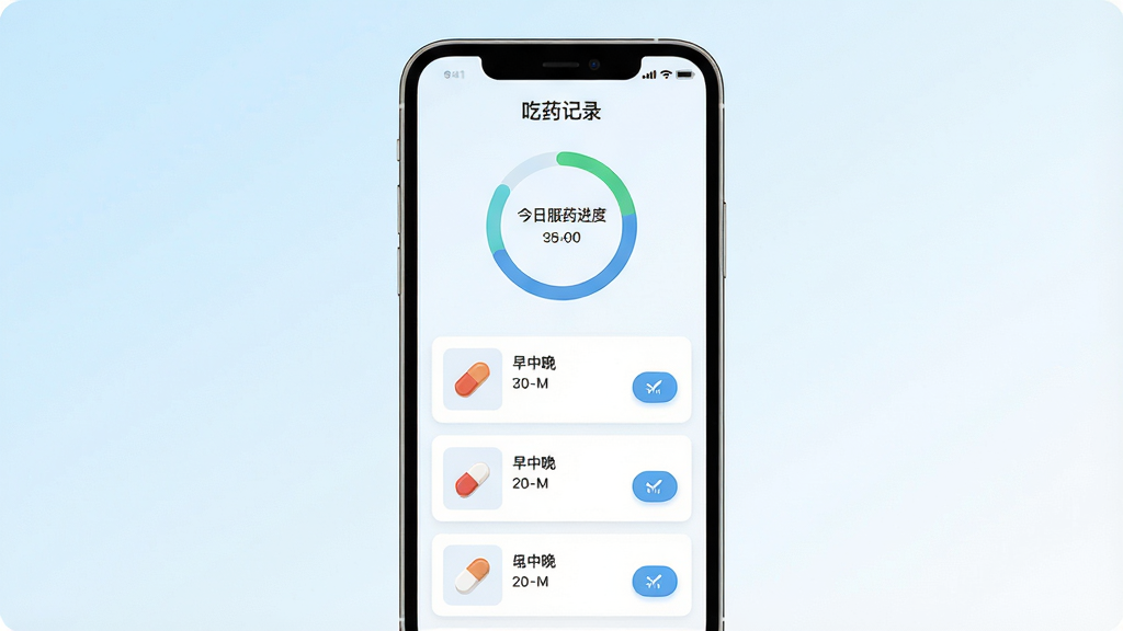 软件主界面全貌展示,画面中央是一部竖屏手机,屏幕上显示“吃药记录”应用首页,顶部有今日服药进度环形图,下方排列着早中晚三个时段的药品卡片,每张卡片带有药片图标和打卡按钮,背景为干净的浅蓝白渐变,整体风格清新简洁,扁平化UI设计,细节清晰,画质干净,无多余元素