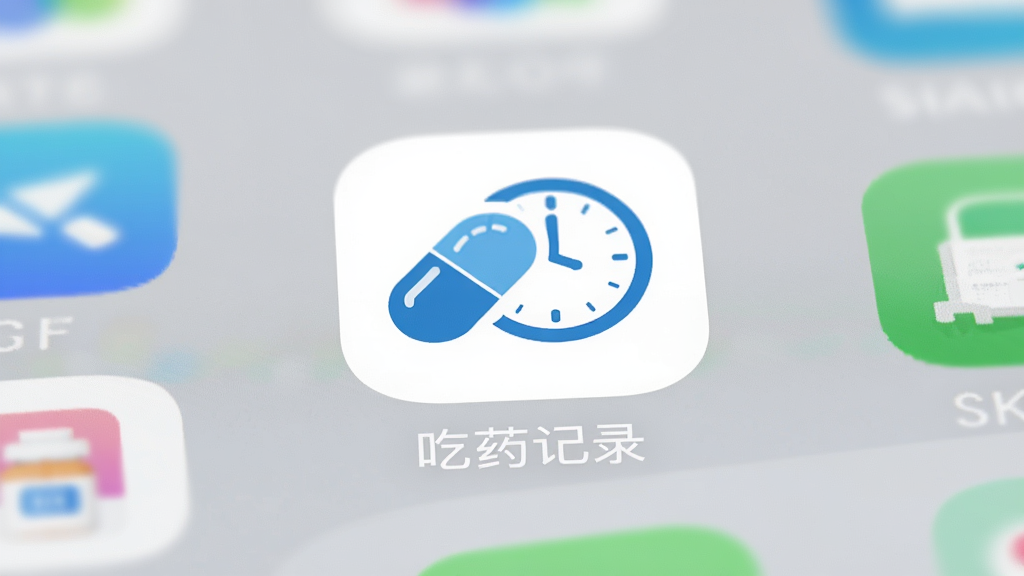 吃药记录应用在手机桌面上的图标特写,图标为白色圆角方形背景,中间有一个蓝色药丸和时钟组合的图形,图标下方显示“吃药记录”文字,背景为浅灰色手机桌面壁纸,周围有其他常用应用图标虚化处理,画面干净清晰,画质细腻,无多余元素