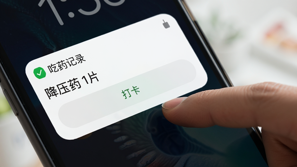 手机锁屏界面弹出“吃药记录”提醒通知,通知卡片上显示“降压药 1片”字样和打卡按钮,背景为深色锁屏壁纸,通知卡片为白色圆角设计,画面右侧有一只手正准备点击打卡,风格写实,光线柔和,画质清晰,无多余元素