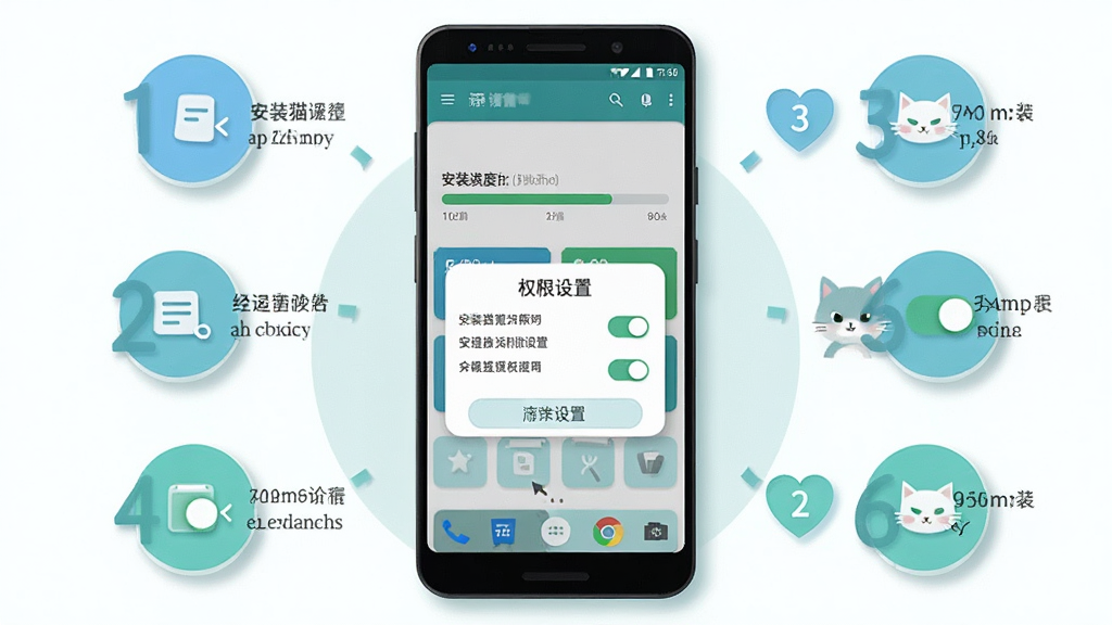����Ϊ��׿�ֻ���װ������è�������Ĳ���ʾ�⻭�棬��Ļ��ʾ��װ��������Ȩ�����õ���������Ϊ�ֻ����У���Χ���Ʋ������ͼ�ꣻ�Ű���÷ֲ�����ʽ��ͼ�����Ϊ���½̳̲廭��ϸ�ڰ�������ɫ����������Ȩ�޿��ء������Ӱ�����ʸ��壬����ɾ����޶���Ԫ��