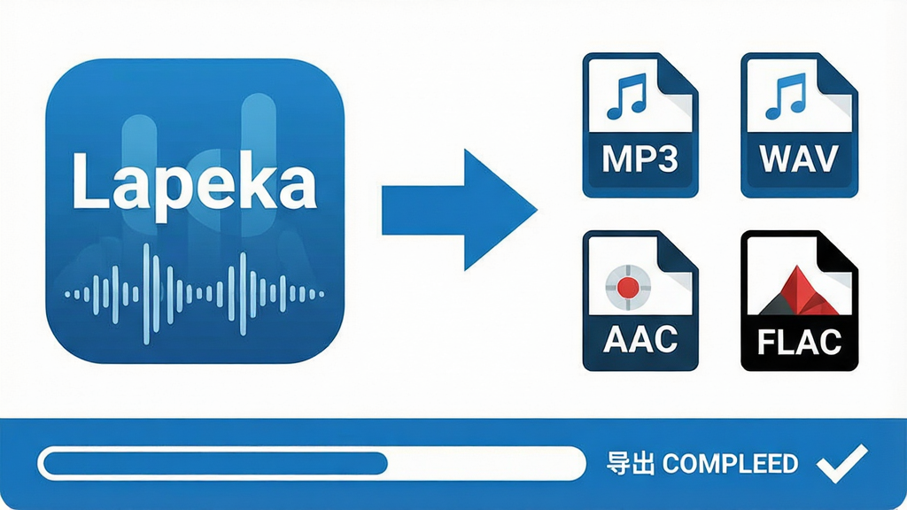 һ����Ϣͼ���Ļ��棬����ǡ�Lapeka������ͼ������Ƶ���Σ��м��ü�ͷ�����Ҳ����������MP3��WAV��AAC��FLAC��ʽͼ�꣬�����·��н������뵼����ɵĹ�ѡ��ǣ�������ñ�ƽ����ƣ�������ɫ�����������Գƣ����ʸɾ����壬�޶���������װ��