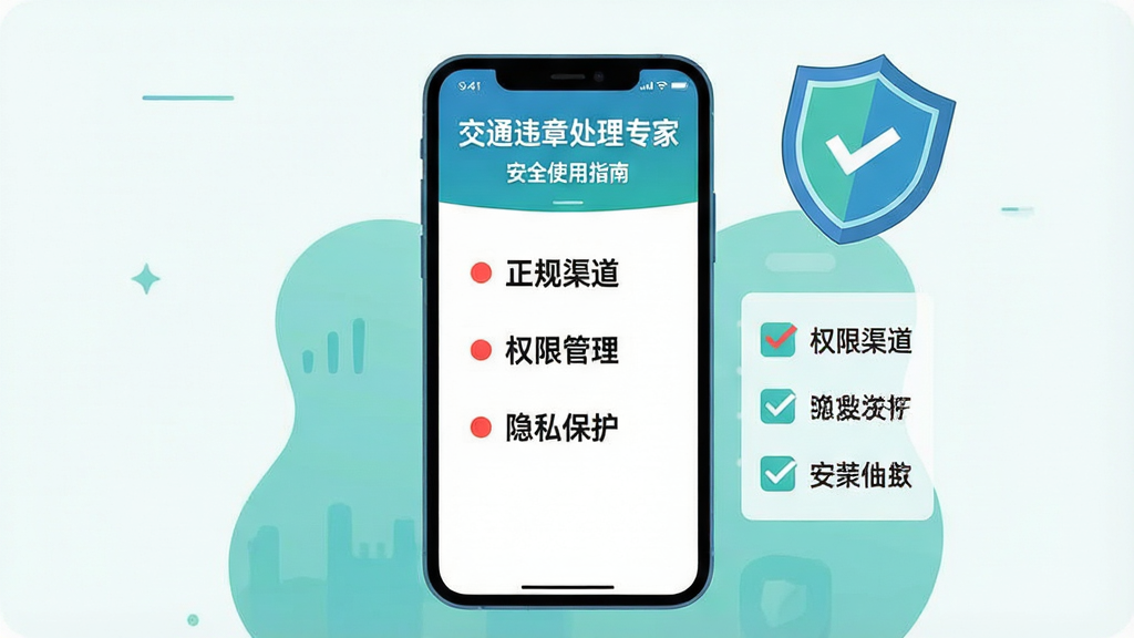 ��������Ϊһ���ֻ���Ļ��ʾ��ͨΥ�´���ר��Ӧ�õİ�װ����ҳ�棬ҳ�������ж���ͼ���빴ѡ�嵥���嵥��д�С�������������Ȩ�޹���������˽������������������Ϊ���й�ͼ���ֻ�λ�ڻ������룬����ͼ�����������Ͻǣ��Ű����嵥��Ŀ�������У��ص���Ŀ�Ժ�ɫԲ���ע�����Ϊ��ȫ��ʾ���ƽ�廭�磬��ɫ������Ϊ����ϸ�ڴ���Ļ�Ϸ������ֱ�ע����ͨΥ�´���ר�ҡ��롰��ȫʹ��ָ�ϡ������ʸɾ���������������޸���Ԫ�ء�