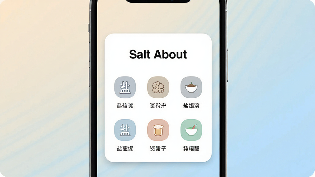 һ��չʾSalt About������������ֻ���ĻЧ��ͼ�����������ǰ�ɫԲ�ǿ�Ƭʽ���֣�����д��