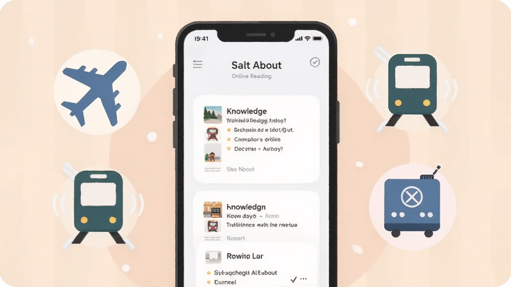 һ�ű���Salt About�����Ķ����ܵĲ廭��������һ���ֻ���Ļ��ʾ֪ʶ��Ƭ���Ա����зɻ��������������糡��ͼ�꣬����ɫ����ͣ���ͼ���У�����ƽ�������������ɾ�