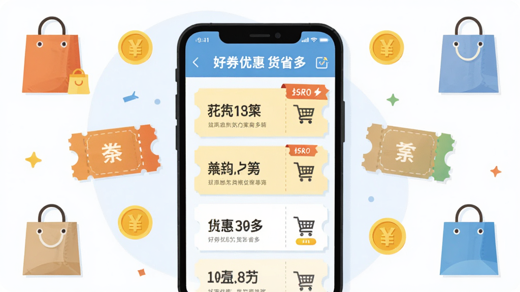 ������һ�����аڷŵ������ֻ�����Ļ����ʾ�Ż�ȯ�б��빺��ʡǮ���棬����Ϊ�ֻ����С����ܻ��ƹ�������Ż�ȯ��Ƭ����ҵȱ�ƽ��ͼ�꣬�Ű���Գƣ����Ϊ��ˬ�����ı�ƽ�廭�磬ϸ�ڰ���ȯ�����֡��ۿ۱�ǩ�����ﳵ���������ʸ��塢�ɾ����޶���Ԫ�أ�ͼ������Ϊ����ȯ�Żݻ�ʡ�ࡱ