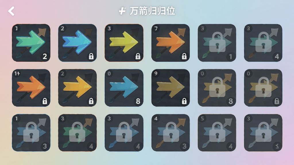 画面展示万箭归位游戏关卡选择界面,网格状排列着多个关卡图标,部分已解锁显示彩色箭头,部分锁定显示灰色,背景为柔和渐变色调,布局整齐有序,风格扁平化设计,细节上关卡图标带有数字标识,画质高清,画面干净,无多余元素
