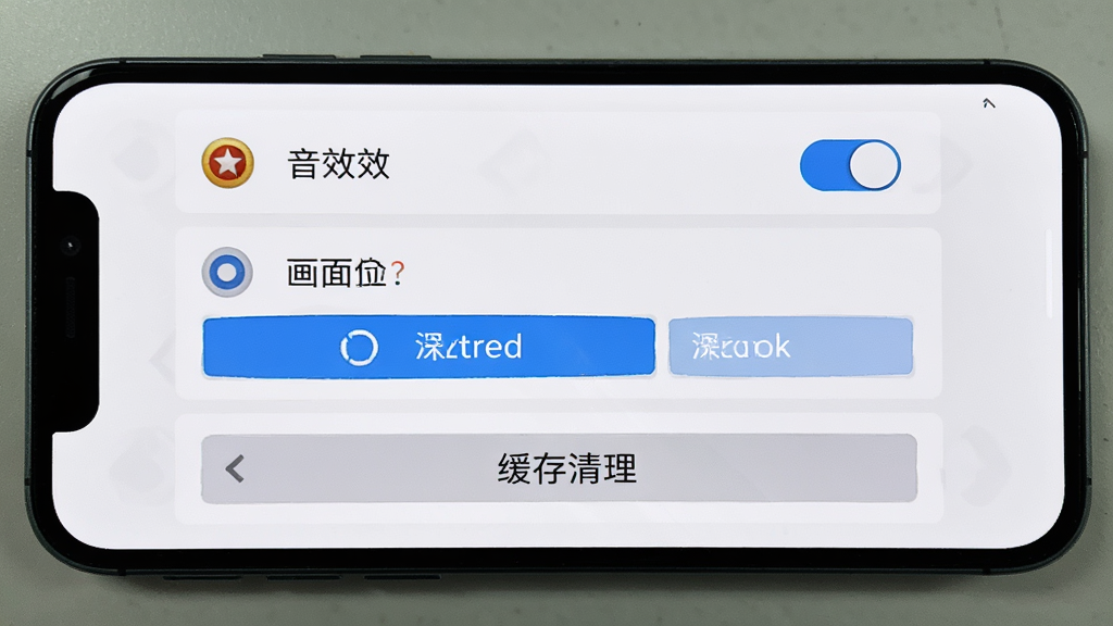 手机屏幕显示万箭归位游戏设置界面,包含音效开关、画面质量选项与缓存清理按钮,界面布局清晰分区,风格简约实用,细节上每个选项带有小图标,画质高清,画面干净,无多余元素