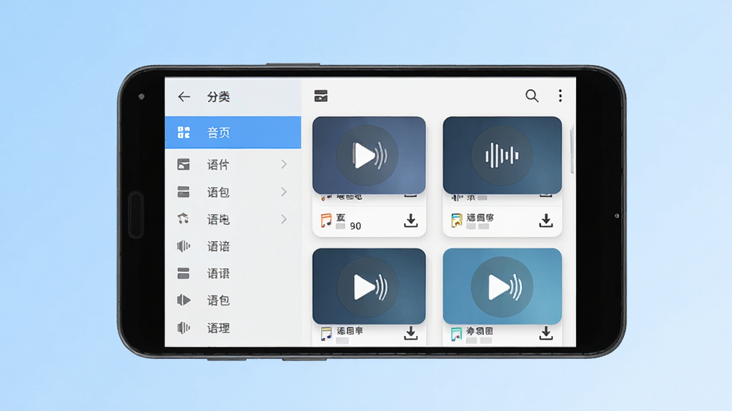 梦幻语音软件主界面展示,画面中央放置一部安卓手机,手机屏幕上显示语音包列表页面,左侧为分类导航栏,右侧为语音包卡片列表,每张卡片带有播放按钮和下载图标,背景为浅蓝色渐变,整体布局清晰整洁,风格为扁平化UI设计,细节包含图标、按钮、文字排版,画质高清,干净,无多余元素