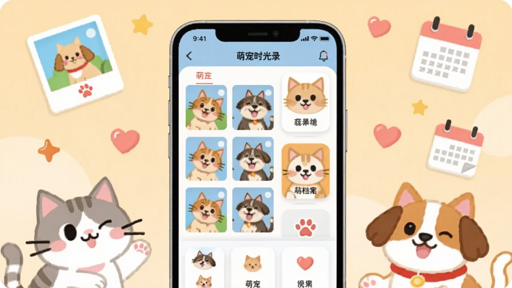 �����������һ�������ֻ����ֻ���Ļ��չʾ�ȳ�ʱ��¼Ӧ�õ������棬�������г���������񡢳���ͷ�񵵰���Ƭ�Ϳɰ���è��ͼ�ꣻ�ֻ���Χ�����ż�ֻ��ͨ����è��͹������󣬴�����ᡢ���ġ�������СԪ�أ����岼��Ϊ���й�ͼ������Ϊ��͵�ůɫ�����䣻���Ϊ���¿ɰ��ı�ƽ���廭��ϸ����ͻ��Ӧ�ý��������������ͳ��ﵵ��ģ�飬����ɾ����ࣻ���ʸ��壬ɫ�����죬�޶���װ��Ԫ��