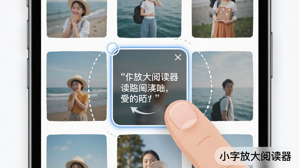 手机屏幕中展示相册导入界面,多张图片缩略图排列整齐,其中一张图片被选中并放大显示文字细节,手指正在屏幕上做缩放动作,布局为上下结构,风格为清新简约的UI插画,细节体现导入与放大操作流程,画质清晰干净,画面角落带有“小字放大阅读器”文字