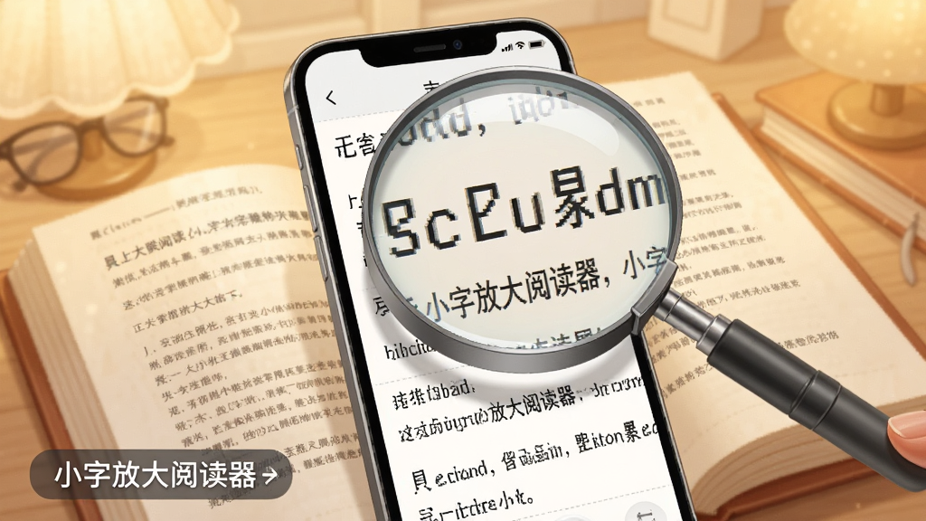 一部手机正对着一本打开的书本,手机屏幕中显示被放大的文字内容,放大镜悬浮在书本上方,背景为柔和的暖色调,风格为写实插画,细节突出文字放大前后的对比效果,画质清晰干净,画面中带有“小字放大阅读器”字样的标识