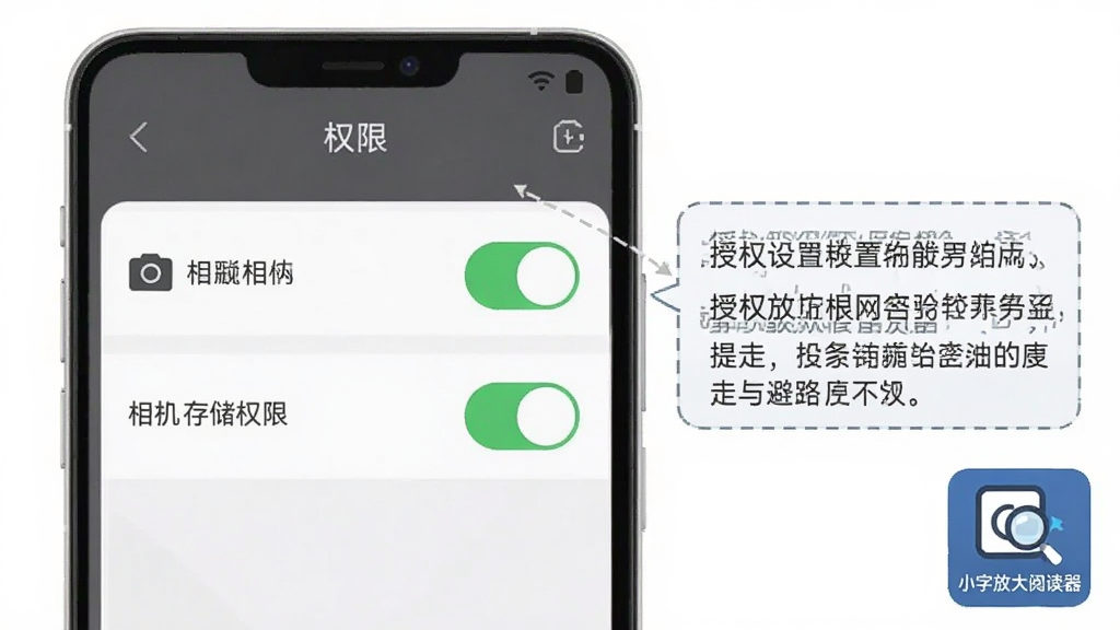手机屏幕展示权限设置界面,相机和存储权限开关处于开启状态,旁边有提示文字框说明授权要点,布局为上下分栏结构,风格为扁平化信息图,细节体现权限管理界面与避坑提示,画质清晰干净,画面中带有“小字放大阅读器”标识