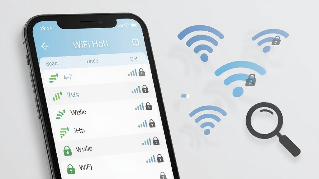 һ���ֻ������ڻ�����࣬��Ļ��ʾWiFi�ȵ�ɨ���б����Ҳ�Ư����������ź�ͼ����Ŵ�Ԫ�أ�����Ϊǳ��ɫ��Լ����Ű���ͼ���Ľṹ��ϸ�ڰ����ź�ǿ��������������־�����������ɾ��޶���װ��