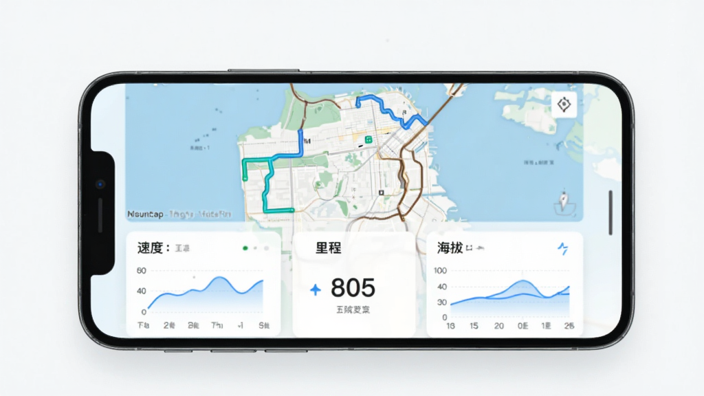 主体为骑书应用的数据统计页面,布局为手机屏幕居中展示,排版为上方地图轨迹下方数据卡片,风格为清爽运动风,细节包括速度曲线图、里程数字、海拔变化图,画质高清干净无多余元素