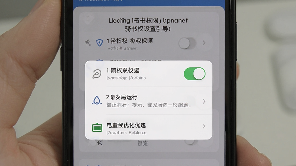 主体为手机屏幕显示骑书权限设置引导页面,布局为居中手机与设置弹窗,排版为上下分层展示,风格为简洁工具风,细节包括定位权限开关、后台运行提示、电池优化选项,画质清晰干净无多余元素
