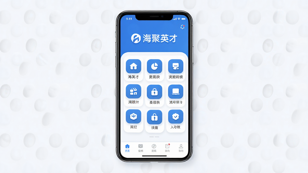 海聚英才通软件主界面全貌展示,主体为一部居中摆放的智能手机,屏幕内呈现简洁清爽的应用首页布局,上方为品牌标识区域,中部为功能图标网格排列,下方为底部导航栏,整体采用蓝白配色,布局规整对称,风格为现代扁平化UI设计,细节包括圆角图标、柔和阴影与清晰文字排版,画质高清,画面干净,无多余元素