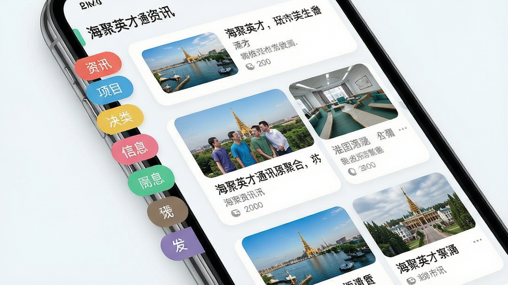 海聚英才通资讯聚合功能展示图,主体为手机屏幕特写,画面中呈现分类清晰的资讯列表,左侧为标签导航,右侧为图文混排的信息卡片,布局为上下分层结构,风格为清新浅色系扁平设计,细节包括彩色分类标签、缩略图与标题文字,画质清晰,画面干净,无多余元素