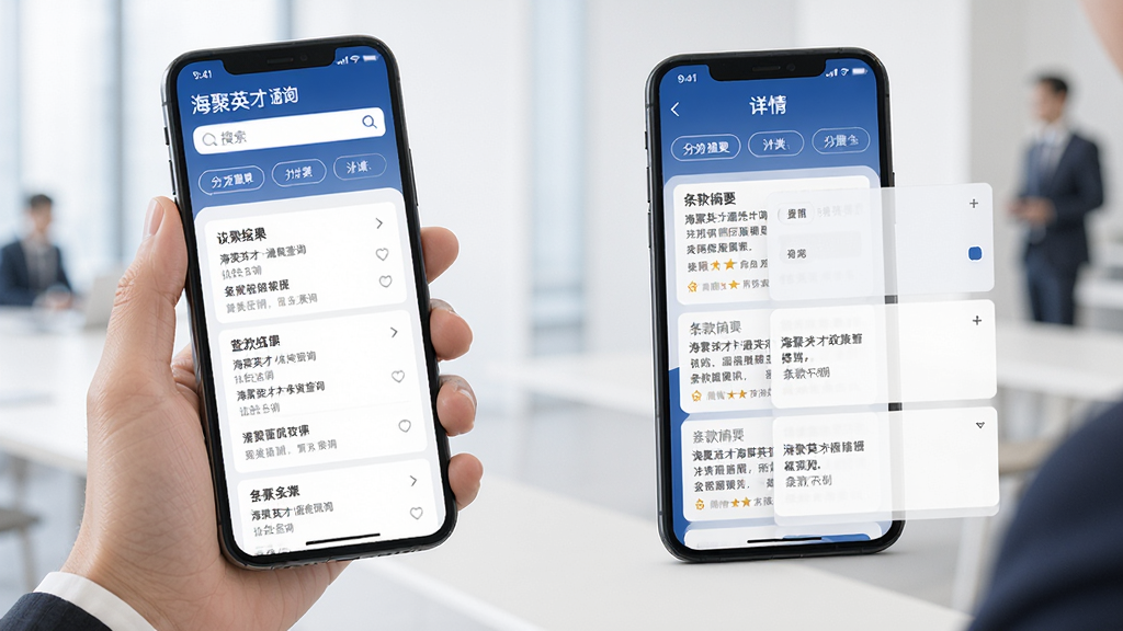海聚英才通政策查询功能示意图,主体为手持手机的操作场景,屏幕内显示查询结果列表与详情展开页,布局为左右分栏的信息展示,风格为简洁商务风,细节包括搜索框、分类筛选按钮与条款摘要卡片,画质高清,画面干净,无多余元素