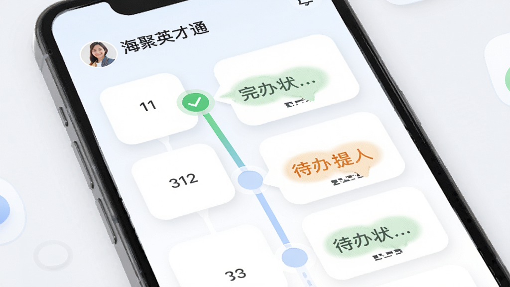 海聚英才通个人服务与进度跟踪界面展示,主体为手机屏幕内的时间轴式进度条与状态标签,布局为纵向排列的步骤节点,风格为柔和圆角卡片设计,细节包括完成状态勾选图标、待办提醒气泡与个人头像区域,画质清晰,画面干净,无多余元素