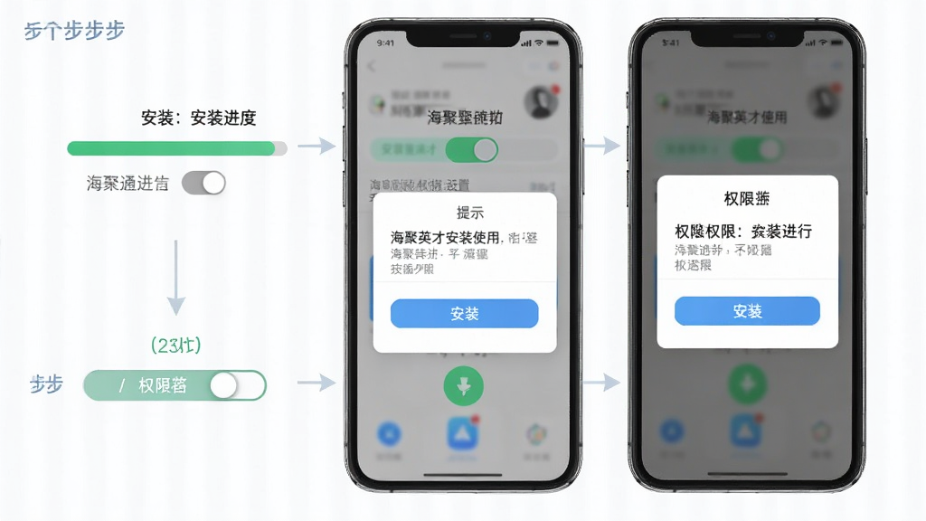 海聚英才通安装使用步骤示意图,主体为手机屏幕内呈现安装进度条与权限设置弹窗,布局为上下分步展示,风格为清爽简约风,细节包括安装按钮、权限开关与提示文字,画质高清,画面干净,无多余元素