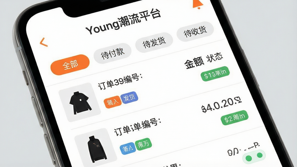 一张手机购物订单管理界面展示图,画面为手机屏幕特写,屏幕显示订单列表页面,每条订单包含商品缩略图、订单编号、金额与状态标签,页面顶部有全部、待付款、待发货、待收货等筛选标签,界面配色为白底配深灰文字与橙色按钮,风格为扁平化UI设计,细节处可见状态标签的颜色区分,画质清晰锐利,背景为纯色浅灰,无多余元素,图片中屏幕顶部显示文字“Young潮流平台”
