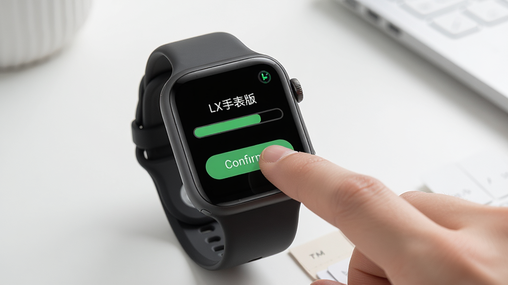一张展示智能手表安装应用过程的示意图,画面中一只手正在点击手表屏幕上的安装确认按钮,屏幕显示LX手表版的安装进度条,背景为简洁的桌面环境,风格写实,光线明亮,细节清晰,画质干净,无多余元素