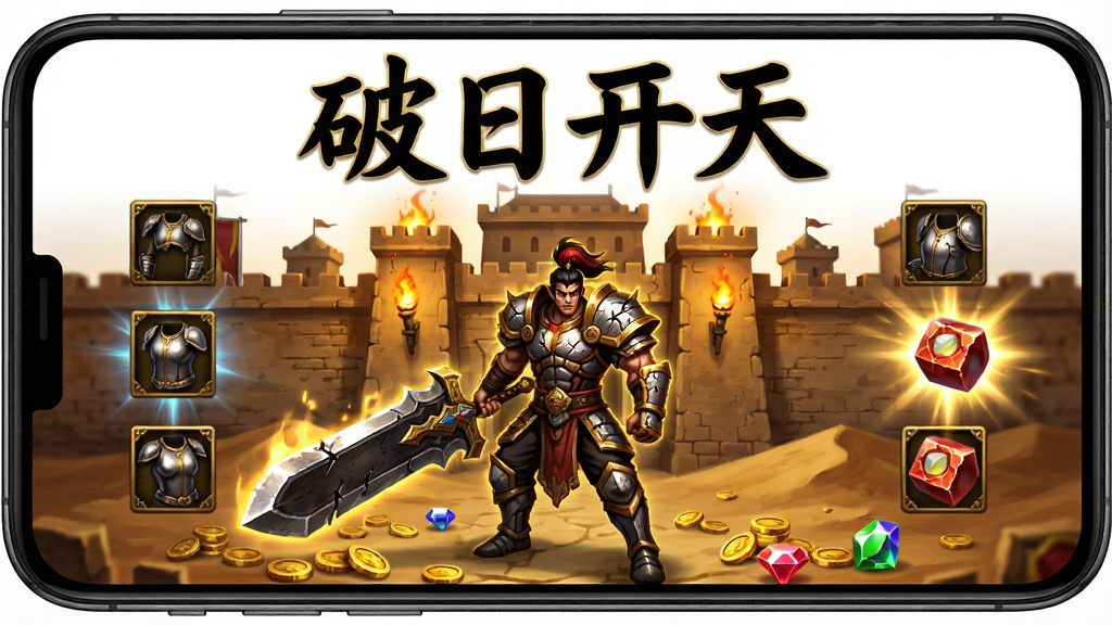 主体为一部安卓手机横屏展示传奇风格游戏画面,画面中央是手持巨剑的战士角色站在沙城城墙前,布局采用手机居中、左右两侧漂浮装备图标与爆装光效,排版上方留白放置“破日开天”四个大字,风格为复古传奇暗金配色加高对比度光效,细节包括城墙上燃烧的火把、地面散落的金币与宝石、角色铠甲上的裂纹质感,画质高清、干净、无多余元素