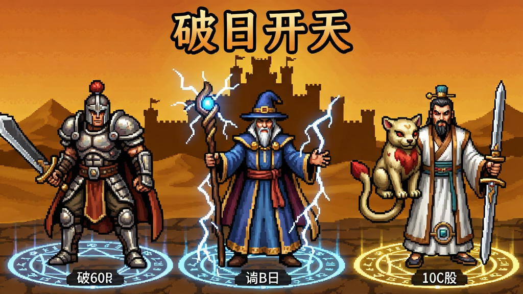 画面主体为三个传奇职业角色并排站立,布局采用左中右对称排列,左侧战士持刀披甲、中间法师手持法杖周身雷电、右侧道士带神兽手持道剑,排版上方居中书写“破日开天”字样,风格为复古像素与写实融合的传奇美术,细节包括职业名称标签、背景沙城剪影、地面法阵光效,画质高清、干净、无多余元素