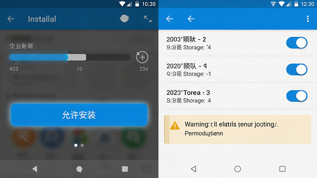 画面主体为安卓手机安装界面与权限设置页面组合,布局采用左右分屏对比展示,左侧为安装进度条、右侧为权限开关列表,排版清晰分区,风格为简洁科技风蓝白配色,细节包括“允许安装”按钮高亮、存储权限图标、警告提示框,画质高清、干净、无多余元素