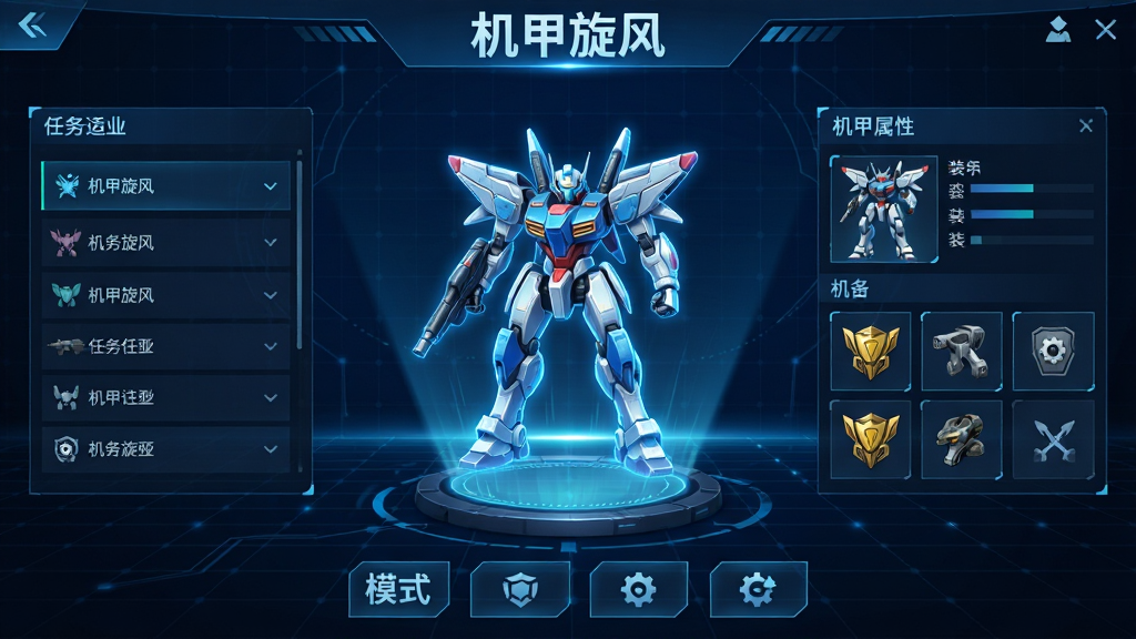 画面主体为游戏主界面UI布局展示,中央为一台待机状态的机甲全息投影,左侧为任务列表面板,右侧为机甲属性与装备栏,底部为模式选择按钮图标,背景为深蓝色科技网格,整体风格为游戏UI设计展示图,排版清晰整洁,画质高清干净,界面顶部显示