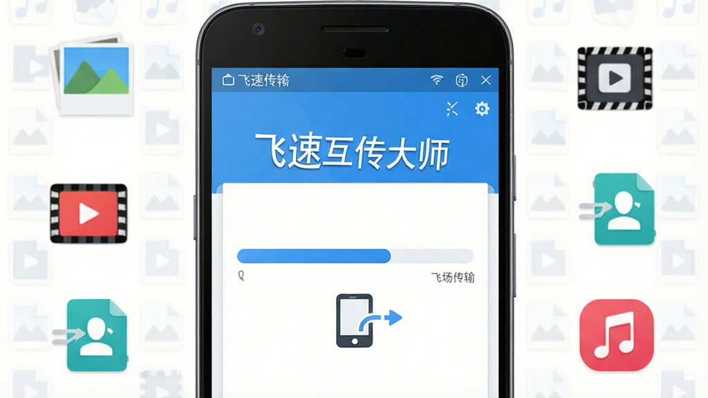 飞速互传大师软件界面全貌展示,主体为一部安卓手机屏幕,屏幕中央显示文件传输进度条与设备连接图标,布局采用居中对称构图,排版上方为软件名称“飞速互传大师”标题,风格为清爽科技蓝白配色扁平化UI设计,细节包含手机周围环绕照片、视频、通讯录、音乐等文件类型小图标,画质高清干净无多余元素