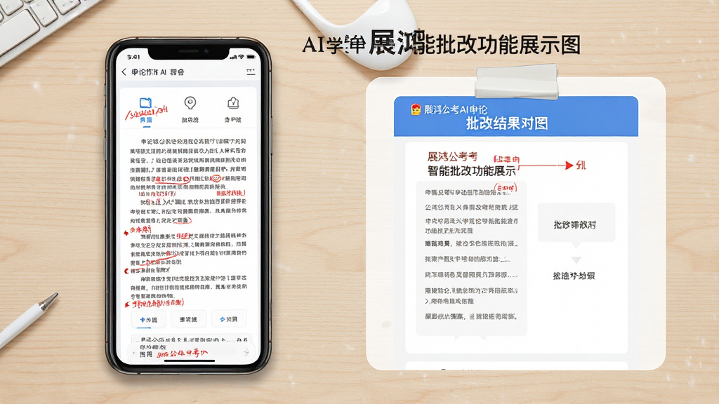 展鸿公考AI学申论智能批改功能展示图,主体为手机屏幕中显示的申论作答页面与批改结果对照界面,布局为左右分栏或上下分栏,排版工整,风格为教育办公风,细节上屏幕中有红色批注标记,背景为浅色木纹桌面,画质清晰,干净无多余元素