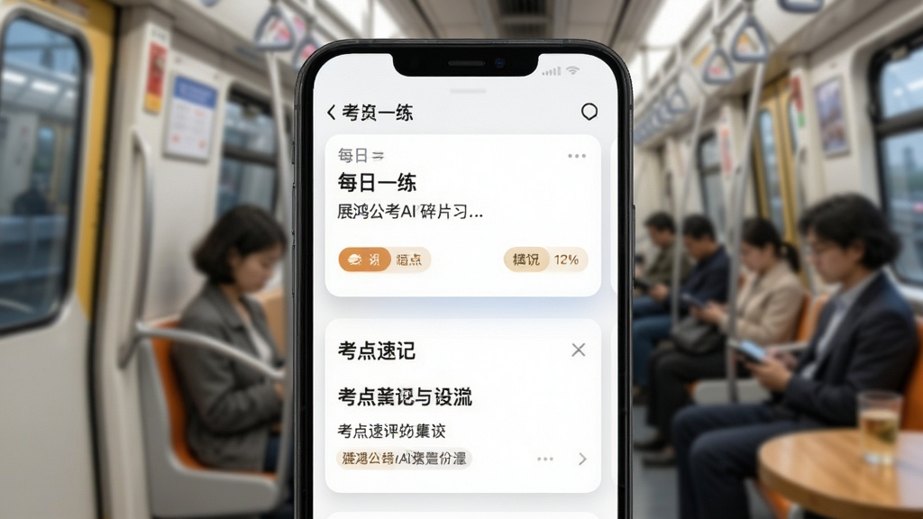 展鸿公考AI学碎片化学习界面展示图,主体为手机屏幕中显示的每日一练卡片与考点速记模块,布局为卡片式上下排列,排版简洁,风格为轻量化学习风,细节上卡片带有柔和阴影,背景为地铁车厢或咖啡厅的虚化场景,画质清晰,干净无多余元素