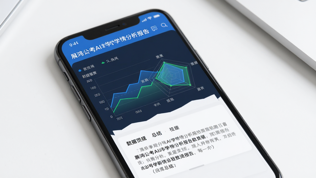 展鸿公考AI学学情分析报告页面展示图,主体为手机屏幕中显示的折线图与雷达图组合的数据报告页面,布局为上方图表下方文字总结,排版清晰,风格为数据可视化商务风,细节上图表颜色以蓝色和绿色为主,背景为干净的白色桌面,画质清晰,干净无多余元素