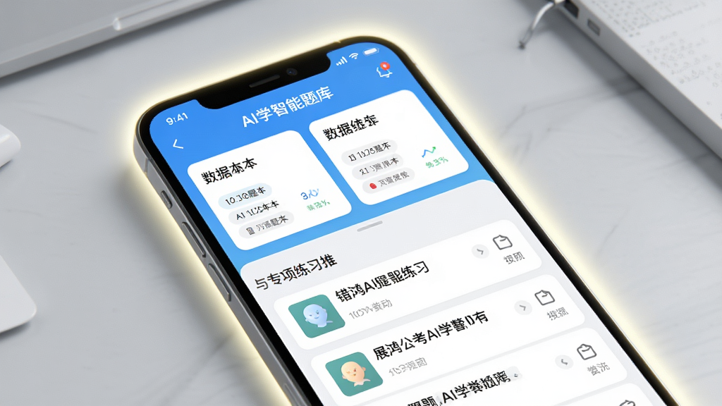 展鸿公考AI学智能题库界面展示图,主体为手机屏幕特写,屏幕中呈现错题本与专项练习推荐列表,布局为上下结构,上部为数据统计卡片,下部为题目列表,排版整洁有序,风格为清新教育风,细节上屏幕周围有柔和光晕,背景为浅灰色书桌环境,画质高清,干净无多余元素